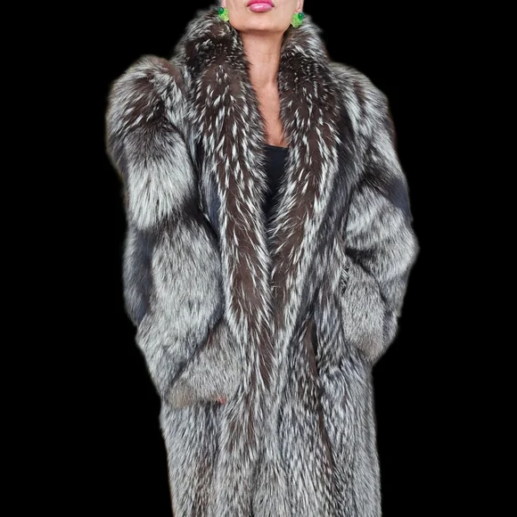 Vintage Genuine "Chubby" Fluffy Silver Indigo Fox Fur Full Length Coat - Picture 10 of 13